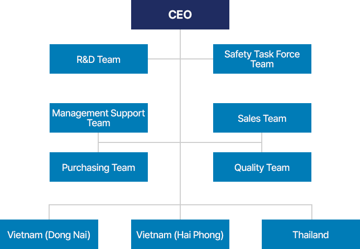 CEO, R&D Team, Safety Task Force Team, Management Support Team, Sales Team, Purchasing Team, Quality Team, Vietnam (Dong Nai), Vietnam (Hai Phong), Thailand
