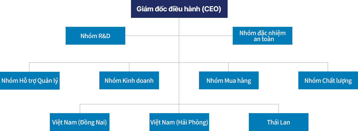 CEO, Nhóm R&D, Nhóm đặc nhiệm an toàn, Nhóm Hỗ trợ Quản lý, Nhóm Kinh doanh, Nhóm Mua hàng, Nhóm Chất lượng, Việt Nam (Đồng Nai), Việt Nam (Hải Phòng), Thái Lan